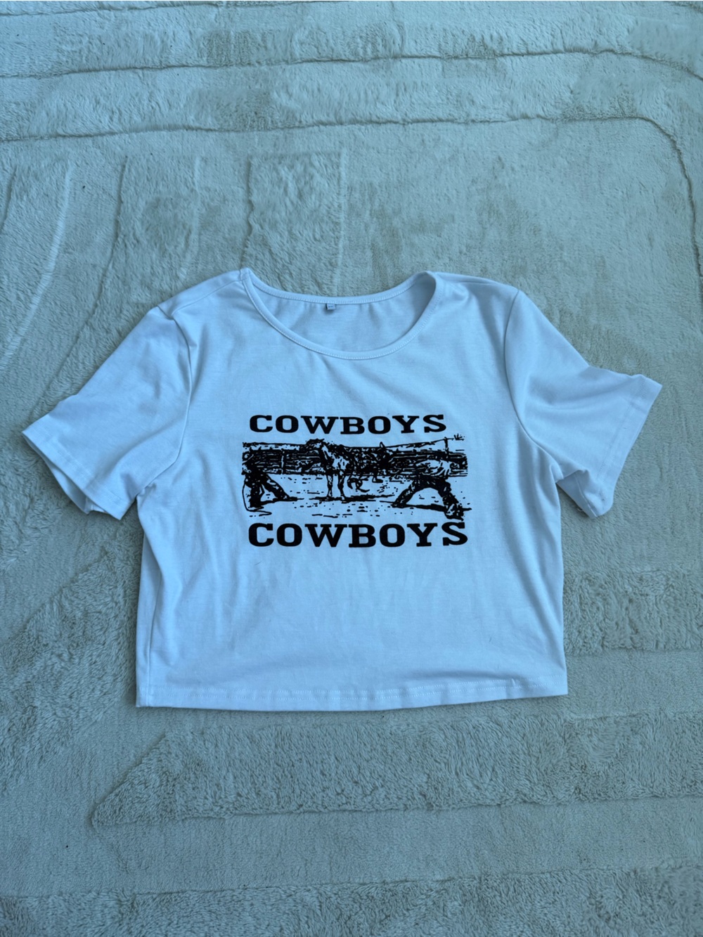Amazon White Crop Top with Black 'COWBOYS' Graphic